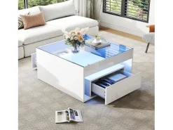 Mesa de centro brilhante 70x70x35 cm - Com iluminação LED - 1 gaveta - Prateleira aberta - Tampos de vidro temperado - MDF - Branco
