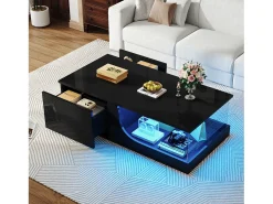 Mesa de centro brilhante - 100 x 50 x 30 cm - com 2 gavetas + LEDs - base de vidro temperado - MDF - preto