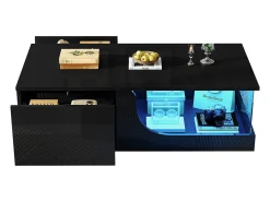 Mesa de centro brilhante - 100 x 50 x 30 cm - com 2 gavetas + LEDs - base de vidro temperado - MDF - preto