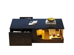 Mesa de centro brilhante - 100 x 50 x 30 cm - com 2 gavetas + LEDs - base de vidro temperado - MDF - preto