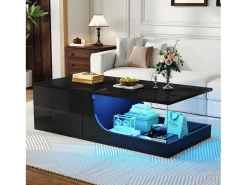 Mesa de centro brilhante - 100 x 50 x 30 cm - com 2 gavetas + LEDs - base de vidro temperado - MDF - preto
