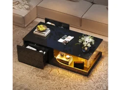 Mesa de centro brilhante - 100 x 50 x 30 cm - com 2 gavetas + LEDs - base de vidro temperado - MDF - preto