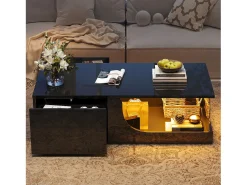Mesa de centro brilhante - 100 x 50 x 30 cm - com 2 gavetas + LEDs - base de vidro temperado - MDF - preto