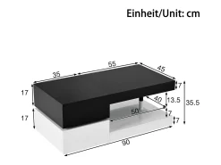 Mesa de centro brilhante - 90 x 45 x 35,5 cm - com LEDs + prateleira de vidro - aglomerado - preto + branco
