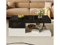 Mesa de centro brilhante - 90 x 45 x 35,5 cm - com LEDs + prateleira de vidro - aglomerado - preto + branco