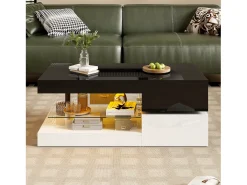 Mesa de centro brilhante - 90 x 45 x 35,5 cm - com LEDs + prateleira de vidro - aglomerado - preto + branco