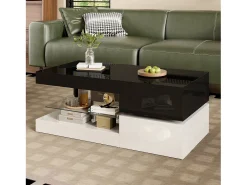 Mesa de centro brilhante - 90 x 45 x 35,5 cm - com LEDs + prateleira de vidro - aglomerado - preto + branco