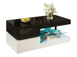 Mesa de centro brilhante - 90 x 45 x 35,5 cm - com LEDs + prateleira de vidro - aglomerado - preto + branco