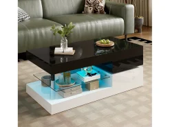 Mesa de centro brilhante - 90 x 45 x 35,5 cm - com LEDs + prateleira de vidro - aglomerado - preto + branco