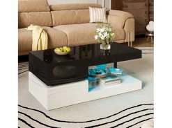 Mesa de centro brilhante - 90 x 45 x 35,5 cm - com LEDs + prateleira de vidro - aglomerado - preto + branco