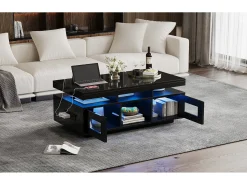 Mesa de centro brilhante - 100 x 50 x 43 cm - com LEDs + 2 portas + porta de carregamento e tomada - aglomerado - preto