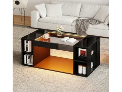 Mesa de centro brilhante 100x50x40cm - con iluminação LED - Armazenamento aberto - Tampos de vidro temperado - MDF - Preto