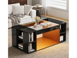 Mesa de centro brilhante 100x50x40cm - con iluminação LED - Armazenamento aberto - Tampos de vidro temperado - MDF - Preto