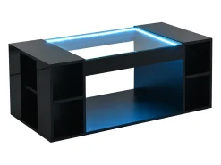 Mesa de centro brilhante 100x50x40cm - con iluminação LED - Armazenamento aberto - Tampos de vidro temperado - MDF - Preto