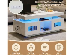 Mesa de centro brilhante - 100 x 50 x 43 cm - com LEDs + 2 portas + porta de carregamento e tomada - aglomerado - branco