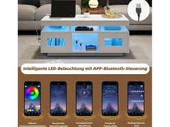 Mesa de centro brilhante - 100 x 50 x 43 cm - com LEDs + 2 portas + porta de carregamento e tomada - aglomerado - branco