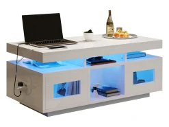 Mesa de centro brilhante - 100 x 50 x 43 cm - com LEDs + 2 portas + porta de carregamento e tomada - aglomerado - branco