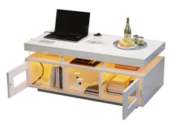 Mesa de centro brilhante - 100 x 50 x 43 cm - com LEDs + 2 portas + porta de carregamento e tomada - aglomerado - branco