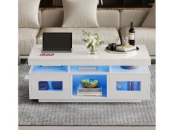 Mesa de centro brilhante - 100 x 50 x 43 cm - com LEDs + 2 portas + porta de carregamento e tomada - aglomerado - branco