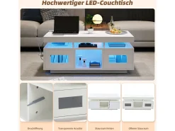 Mesa de centro brilhante - 100 x 50 x 43 cm - com LEDs + 2 portas + porta de carregamento e tomada - aglomerado - branco