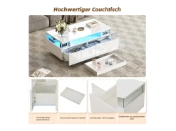 Mesa de centro brilhante - 90 x 45 x 35,5 cm - mesa de sofá com 2 gavetas + LEDs - aglomerado - branco