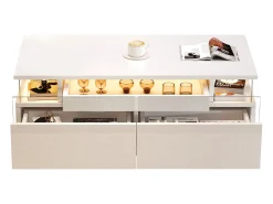 Mesa de centro brilhante - 90 x 45 x 35,5 cm - mesa de sofá com 2 gavetas + LEDs - aglomerado - branco