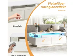 Mesa de centro brilhante - 90 x 45 x 35,5 cm - mesa de sofá com 2 gavetas + LEDs - aglomerado - branco