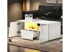 Mesa de centro brilhante - 100 x 50 x 40 cm - com LEDs + 2 portas + 1 gaveta - aglomerado - branco