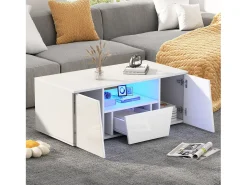 Mesa de centro brilhante - 100 x 50 x 40 cm - com LEDs + 2 portas + 1 gaveta - aglomerado - branco