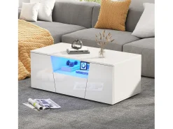 Mesa de centro brilhante - 100 x 50 x 40 cm - com LEDs + 2 portas + 1 gaveta - aglomerado - branco