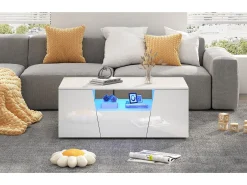 Mesa de centro brilhante - 100 x 50 x 40 cm - com LEDs + 2 portas + 1 gaveta - aglomerado - branco