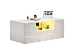 Mesa de centro brilhante - 100 x 50 x 40 cm - com LEDs + 2 portas + 1 gaveta - aglomerado - branco