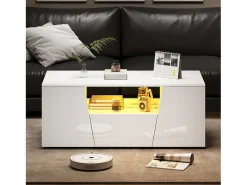 Mesa de centro brilhante - 100 x 50 x 40 cm - com LEDs + 2 portas + 1 gaveta - aglomerado - branco