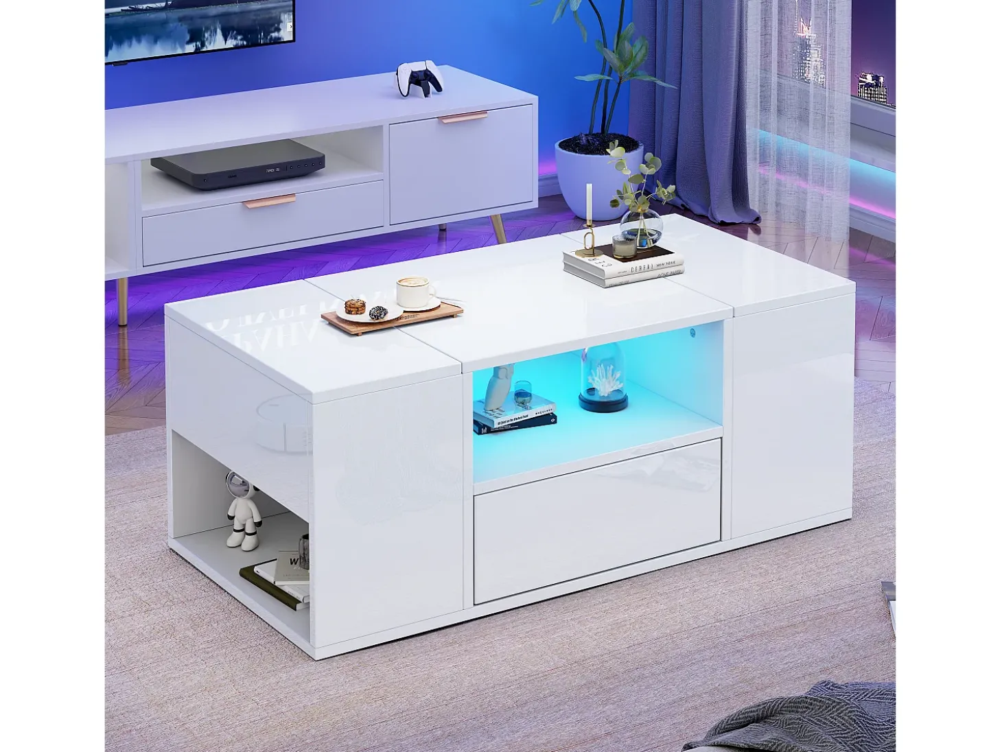 Mesa de centro brilhante 100x50x40 cm - con 1 gaveta e compartimentos de armazenamento - con iluminação LED - Painéis de partículas - Branco