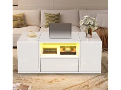 Mesa de centro brilhante 100x50x40 cm - con 1 gaveta e compartimentos de armazenamento - con iluminação LED - Painéis de partículas - Branco