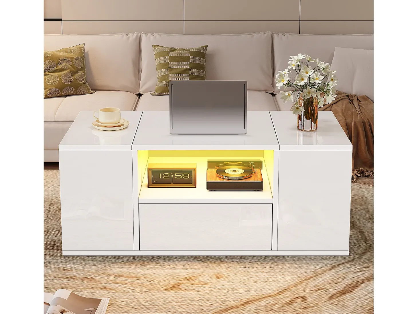 Mesa de centro brilhante 100x50x40 cm - con 1 gaveta e compartimentos de armazenamento - con iluminação LED - Painéis de partículas - Branco