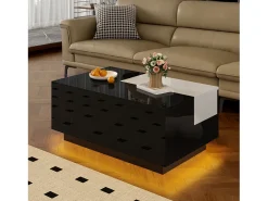 Mesa de centro brilhante - 80 x 50 x 35,5 cm - tampo extensível + 1 gaveta + LEDs - MDF - preto