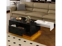 Mesa de centro brilhante - 80 x 50 x 35,5 cm - tampo extensível + 1 gaveta + LEDs - MDF - preto