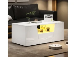 Mesa de centro brilhante 100×50×40 cm - com iluminação LED - 2 portas e 1 gaveta - branco