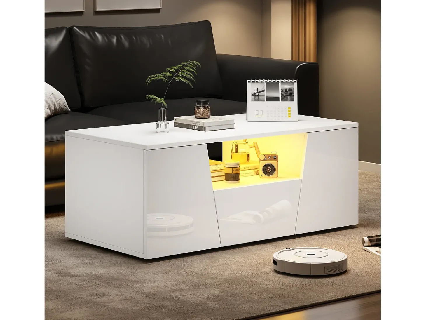 Mesa de centro brilhante 100×50×40 cm - com iluminação LED - 2 portas e 1 gaveta - branco