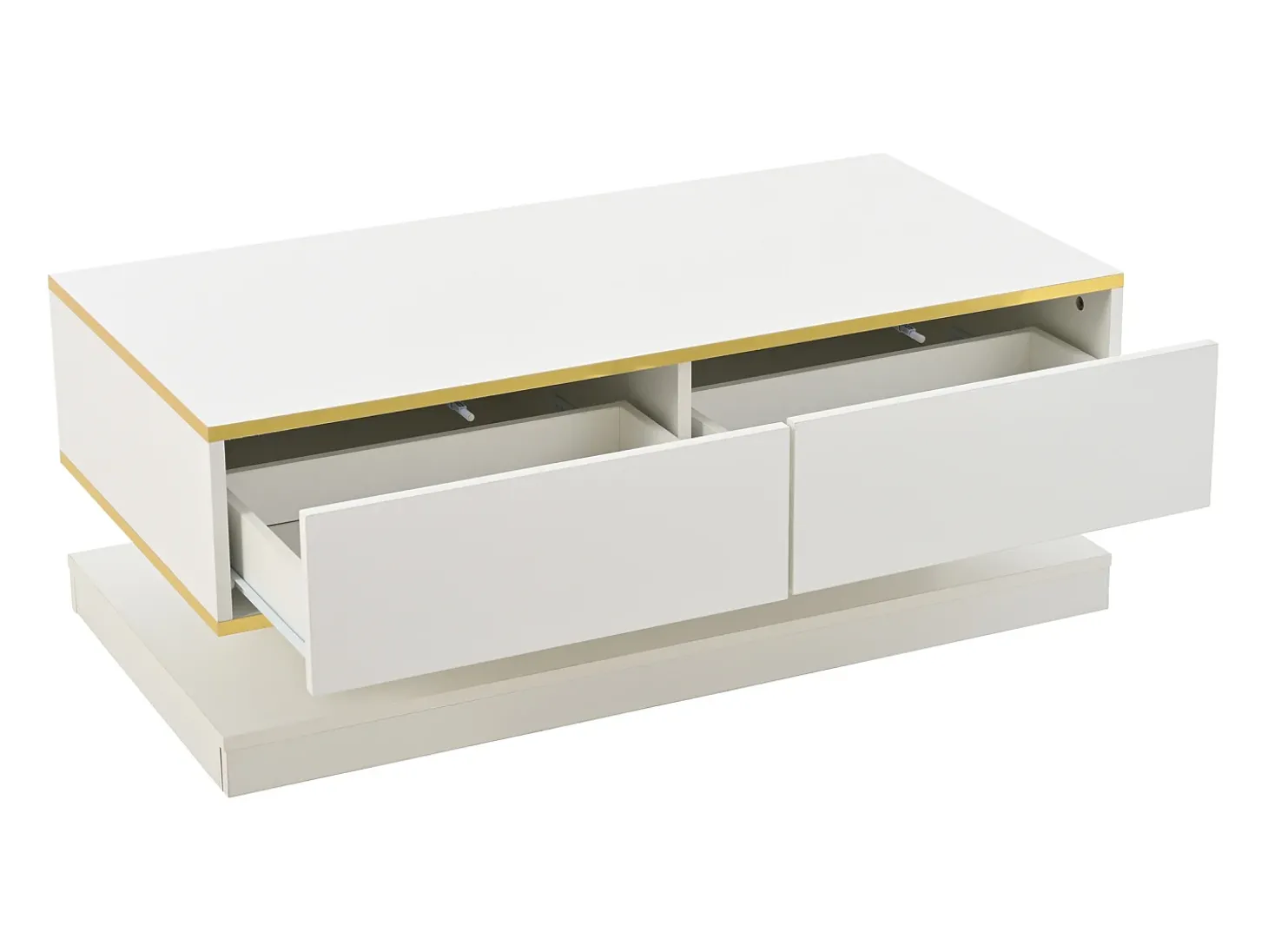 Mesa de centro brilhante 100×50×38 cm - 2 gavetas - acabamento dourado - painel de partículas - branco