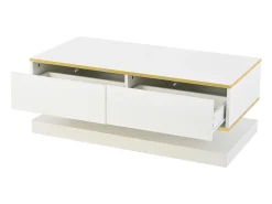 Mesa de centro brilhante 100×50×38 cm - 2 gavetas - acabamento dourado - painel de partículas - branco