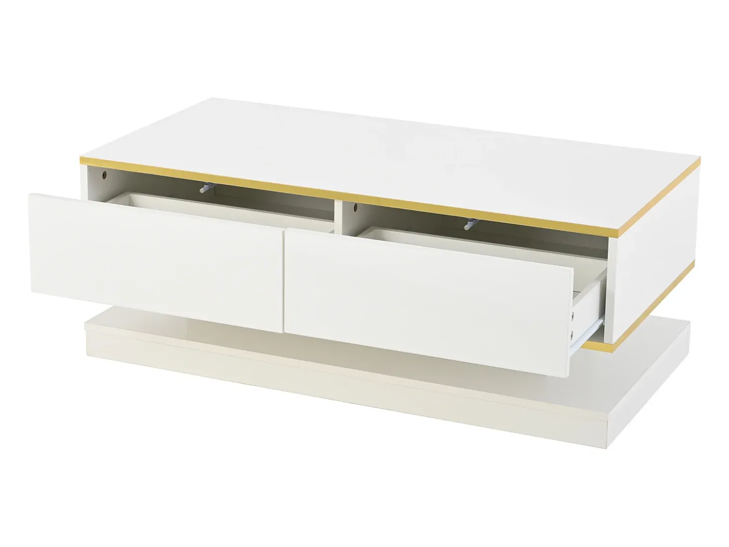 Mesa de centro brilhante 100×50×38 cm - 2 gavetas - acabamento dourado - painel de partículas - branco