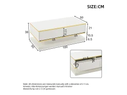 Mesa de centro brilhante 100×50×38 cm - 2 gavetas - acabamento dourado - painel de partículas - branco