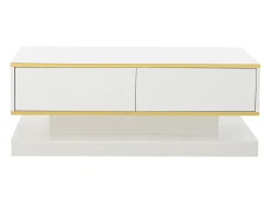 Mesa de centro brilhante 100×50×38 cm - 2 gavetas - acabamento dourado - painel de partículas - branco