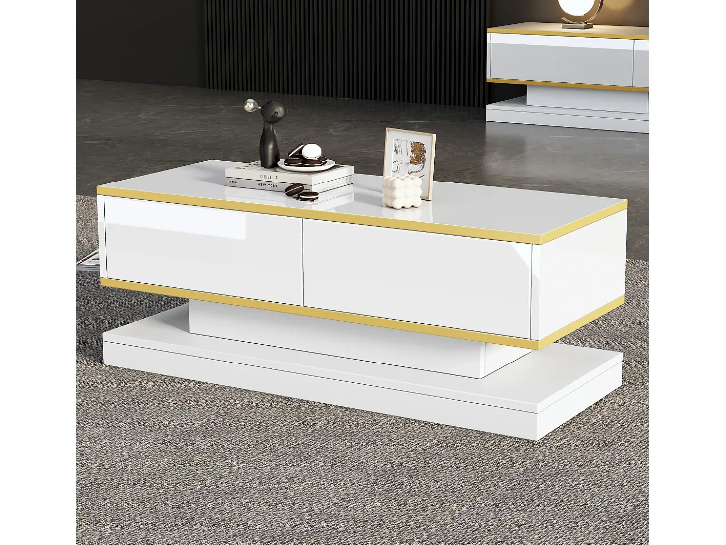 Mesa de centro brilhante 100×50×38 cm - 2 gavetas - acabamento dourado - painel de partículas - branco