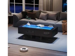 Mesa de centro brilhante - 100 x 50 x 35 cm - com 2 gavetas + LEDs - tampo de vidro - aglomerado - preto
