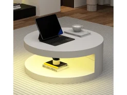 Mesa de centro cilíndrica branca com iluminação LED, tampo giratório