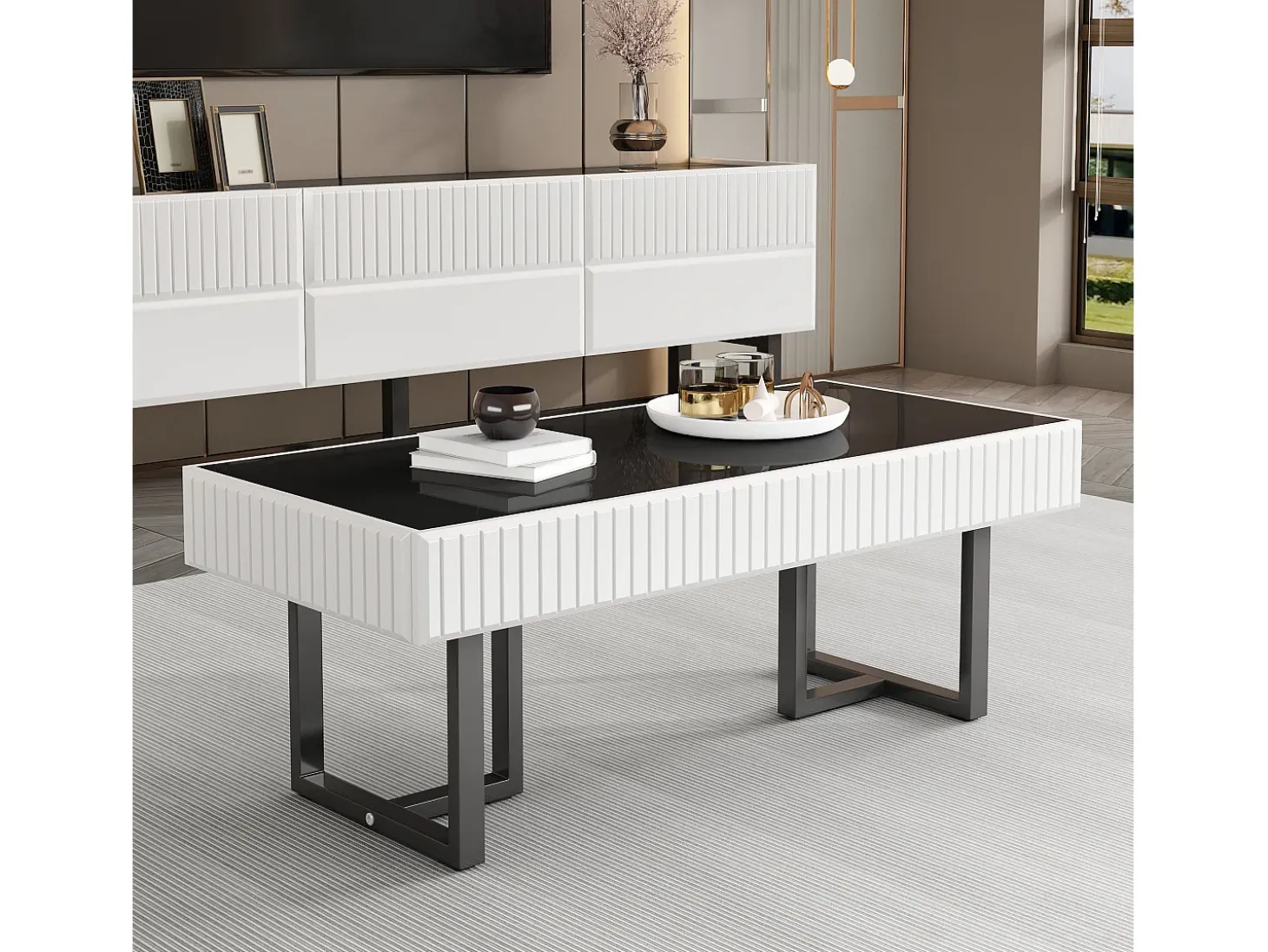 Mesa de centro clássica em preto e branco - Tampo preto brilhante