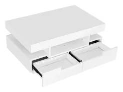 Mesa de centro com 3 compartimentos abertos e 4 gavetas, superfície lacada a preto